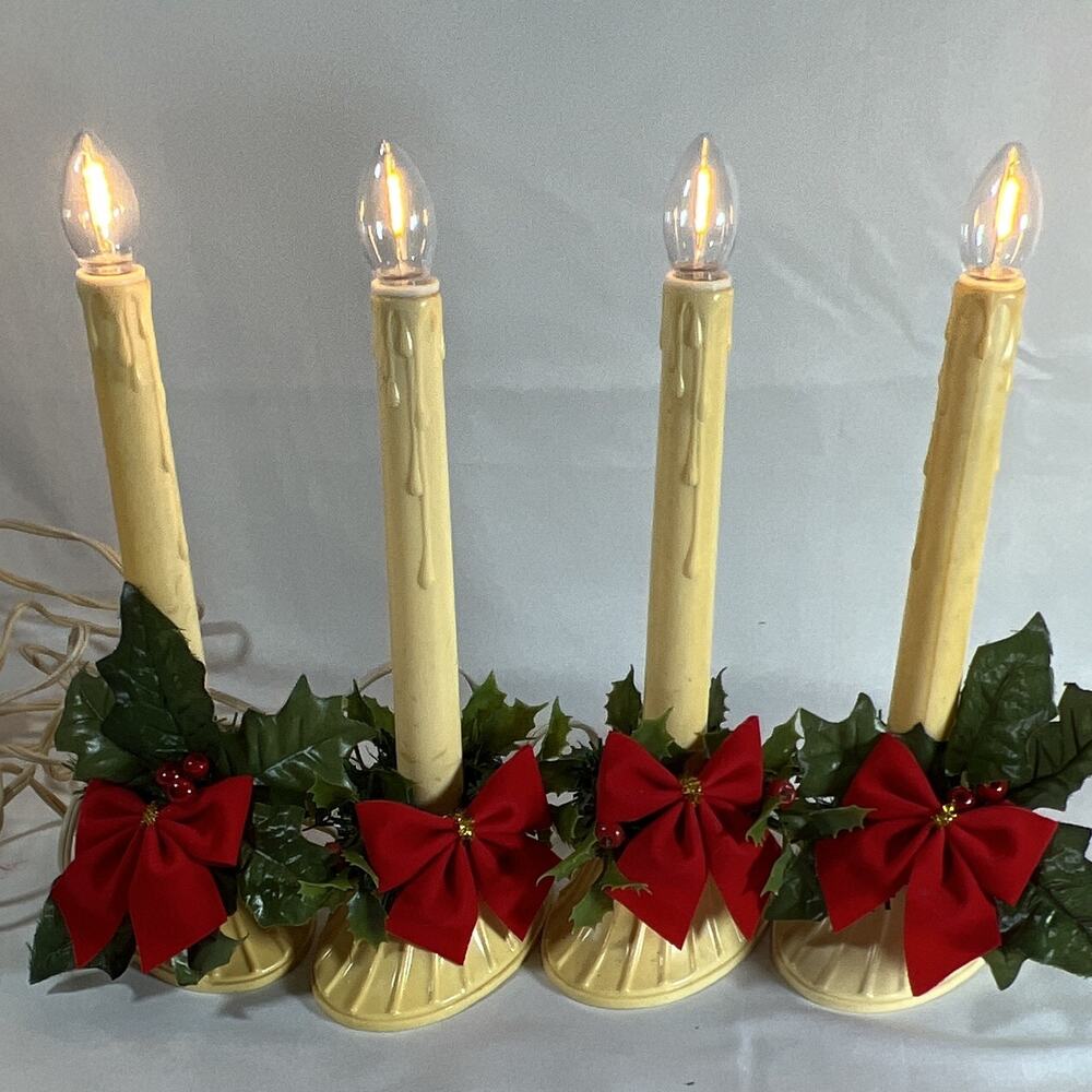 Vintage Set of 4 Plug-In Electric Christmas Window Candle Lights Holly Red Bows